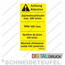 Warnaufkleber Zapfwellendrehzahl 540U gelb